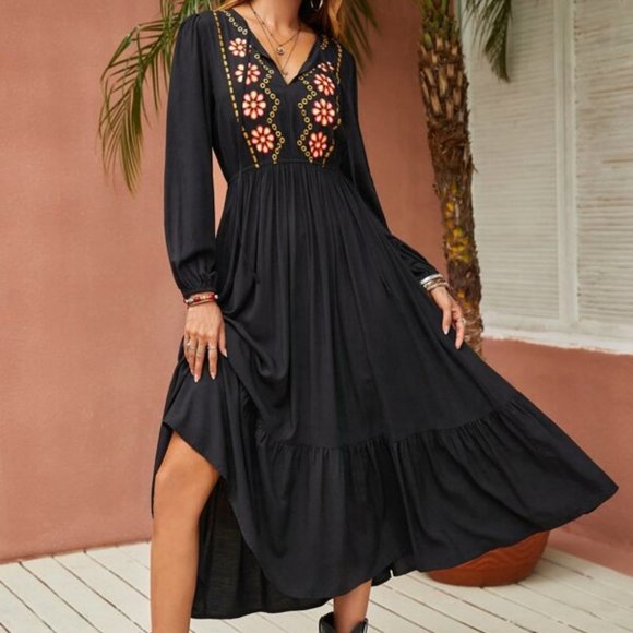 BOHO Flower Embroidered Tie Neck Lantern Sleeve Ruffle maxi dress - Picture 2 of 8